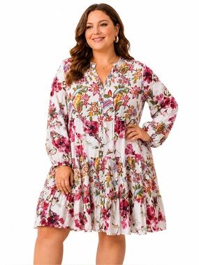 Dress Addict Plus Size Floral Tiered Mini Dress in Pink